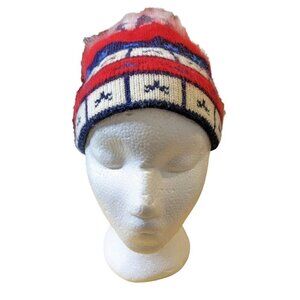Vintage Handmade Wool Beanie Hat Cap Knit Tassel Red White Blue Murray Merkley